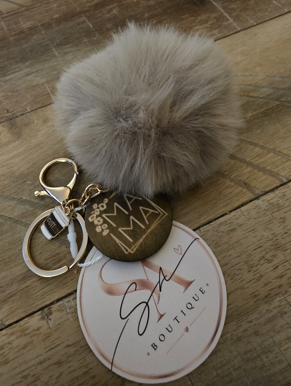 Faux Fur Pom Pom Bag Charm or Keychain with Gold-tone Hardware - Taupe